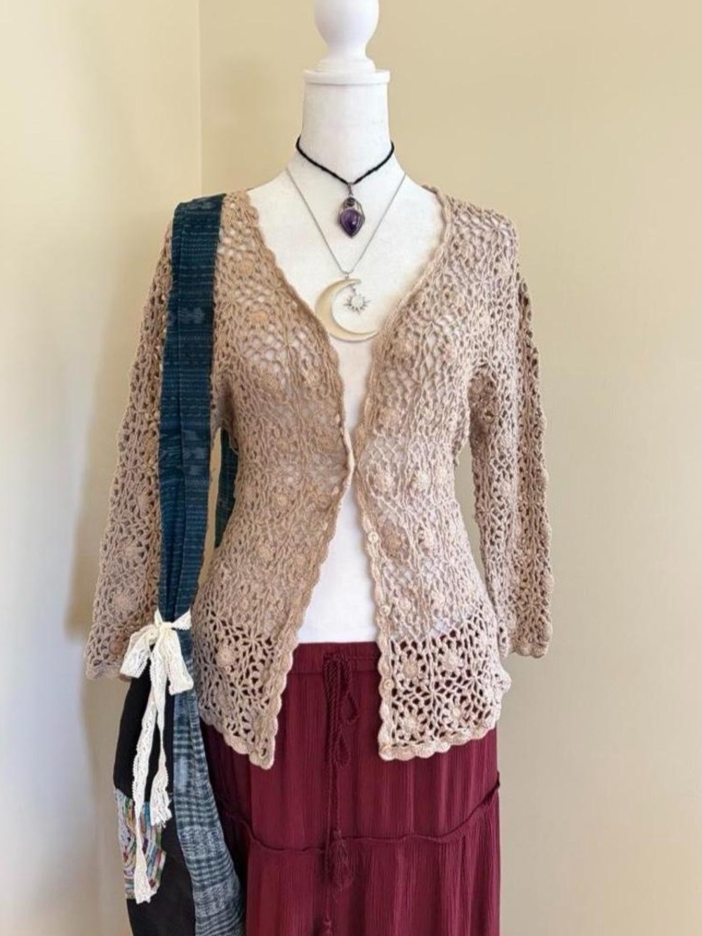 Vintage Y2K floral crochet lace sheer tan beige cardigan boho fairy cotton M